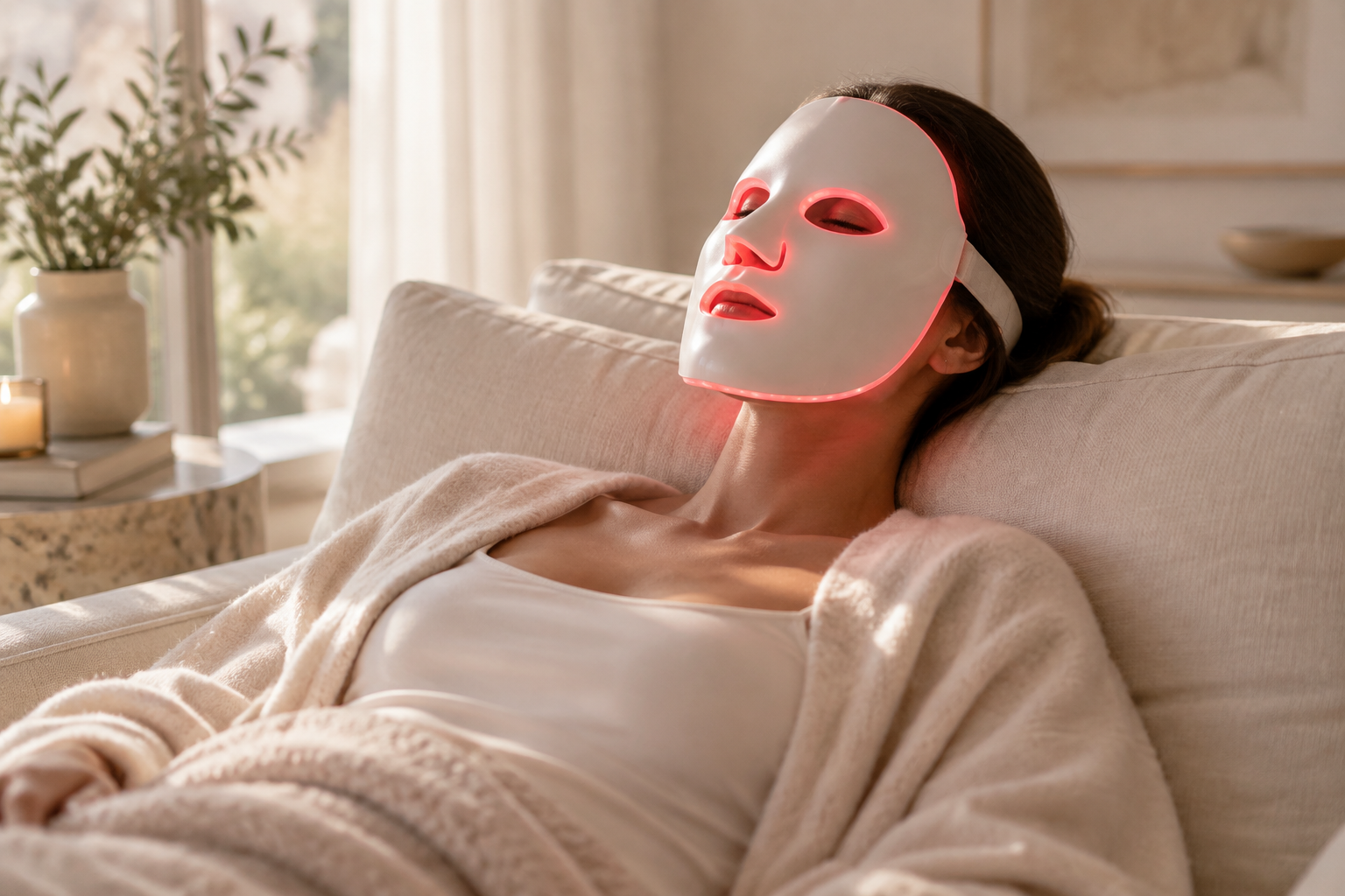 Woman relaxing at home wearing the Lumora Glow LED mask